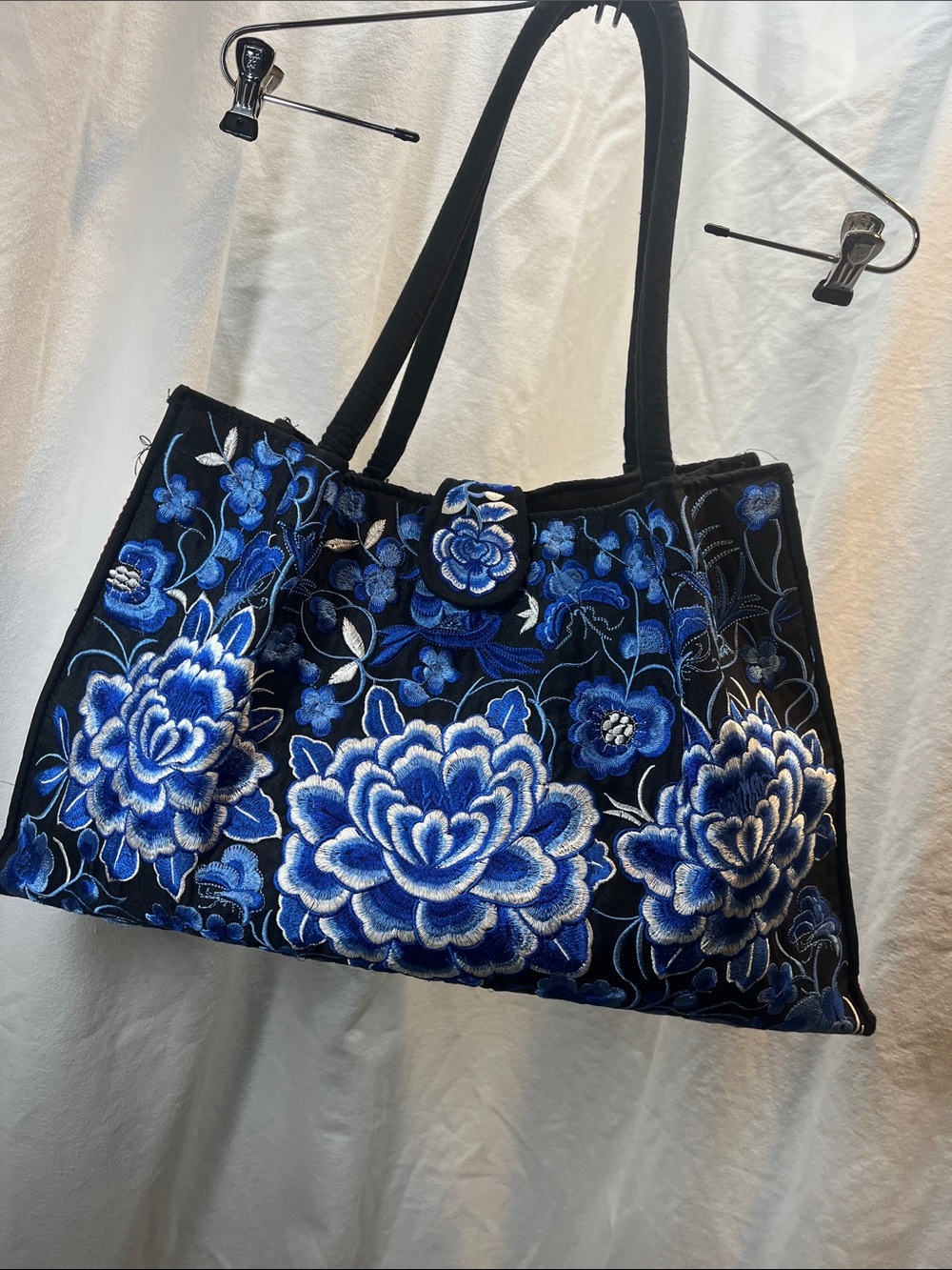 Source Unknown Black Tote with Blue Floral Embroidery